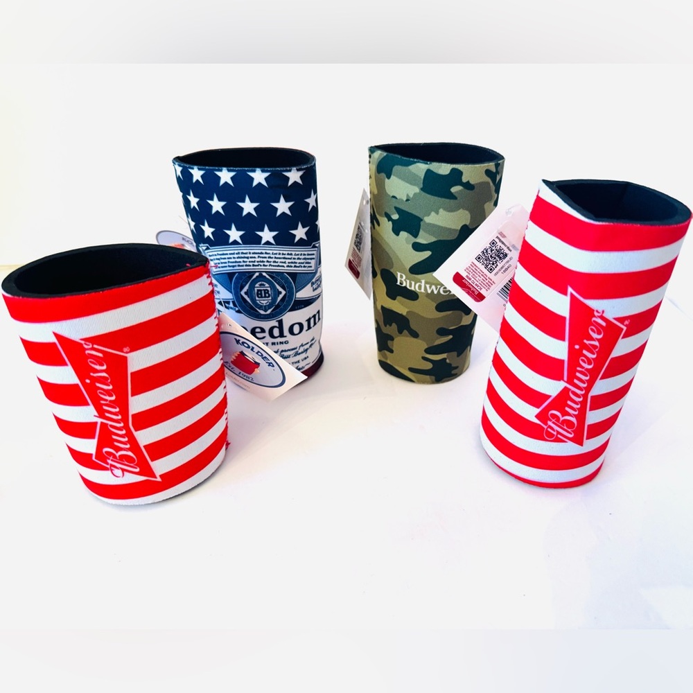 Set of 4 USA themed Budweiser Can Koozies 
Coozie Red White and Blue NWT!
